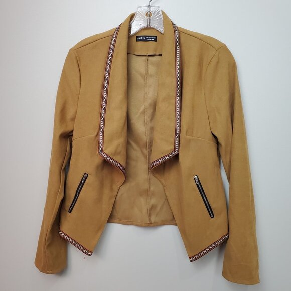 Faux Suede Camel Cardigan Wrap Jacket Western Boho Open Front Embroider Trim XS - Picture 10 of 10